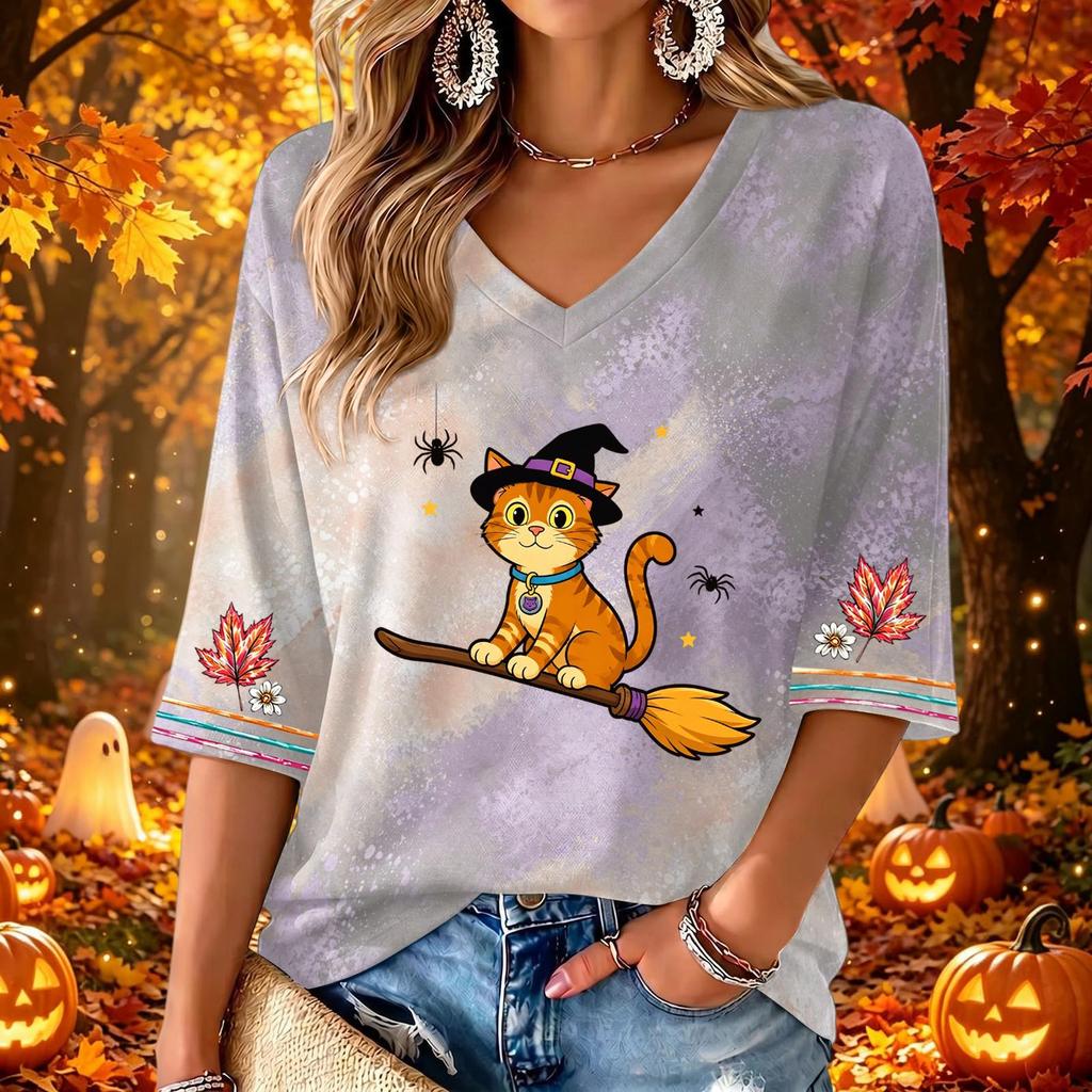 Women's Fashion V-Neck Printed 3/4 Sleeve Casual Top for Halloween