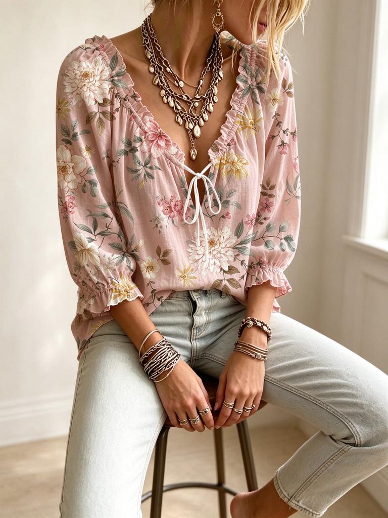 Women's V-neck Ruffle Tie Front 3/4 Sleeve Colorful Floral Print Blouse, Top for Trip, Shopping and Holiday