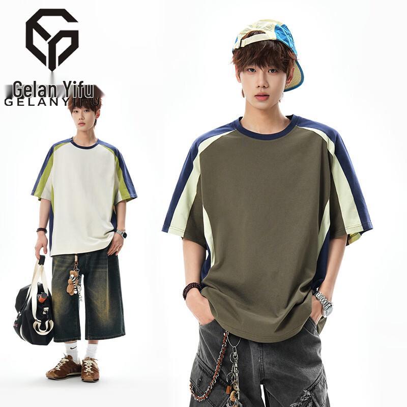 

GELANYIFU Men s Color-block Loose Fit Short Sleeve T-Shirt L