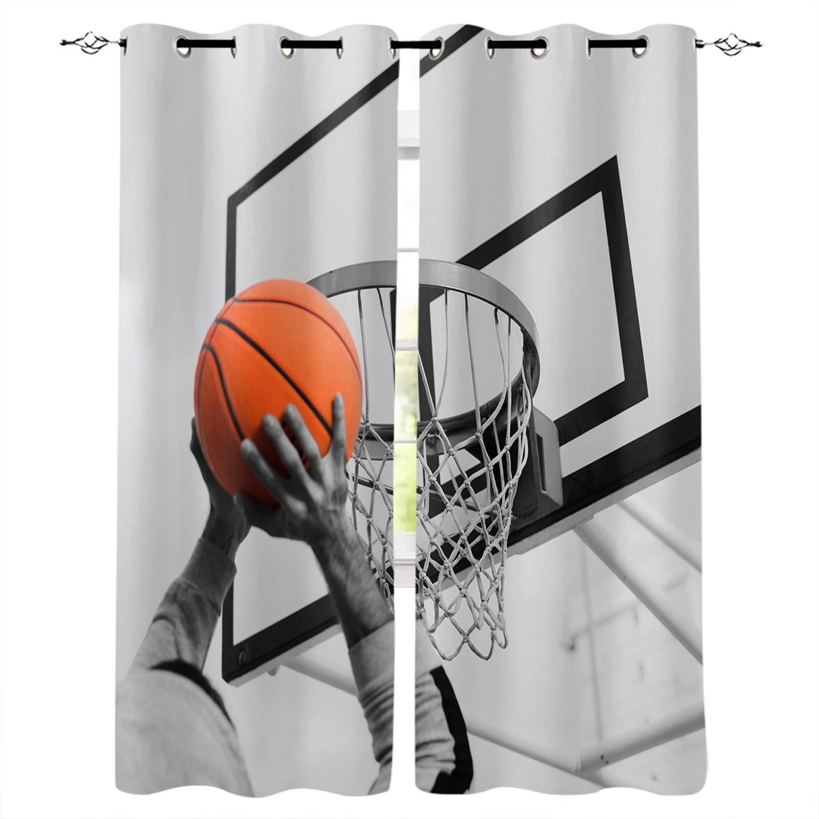 Kostenloser Versand Günstige Jungen Sport Basketballplatz Moderne Fenstervorhänge für Wohnzimmer Schlafzimmer Dekoration Heimtextilien Vorhänge 2 Stück W50 X H130(CM)X2&Hook