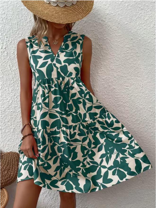 V-neck Sleeveless Printed Dress - Summer 2026 European & American Fashion for Women