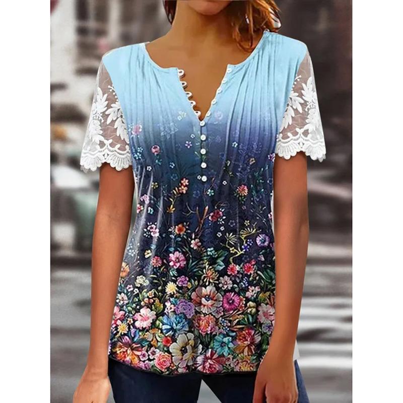 Sommer Neue Blumendruck Beiläufige Lose Blusen Frauen Mode Elegante Vintage Rüschen Spitze Kurzarm Shirts für Frauen Rundhals Slim Fit tops 26515