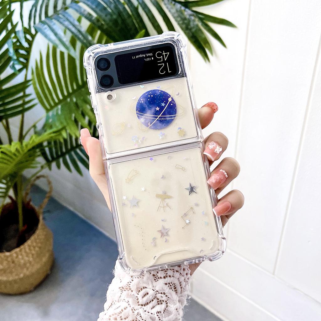 Husă pentru Samsung Galaxy Z Flip 4 3 Husă transparentă cu sclipici Star Planet, transparentă, rezistentă la șocuri, pentru Husa Samsung Z Flip4 Zflip3