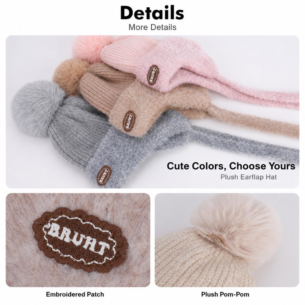 Kids Winter Knitted Earflap Hat with Pom Pom, Plush Lining and Long Ties, Warm Windproof Polyester Cap for Ages 4–10Years