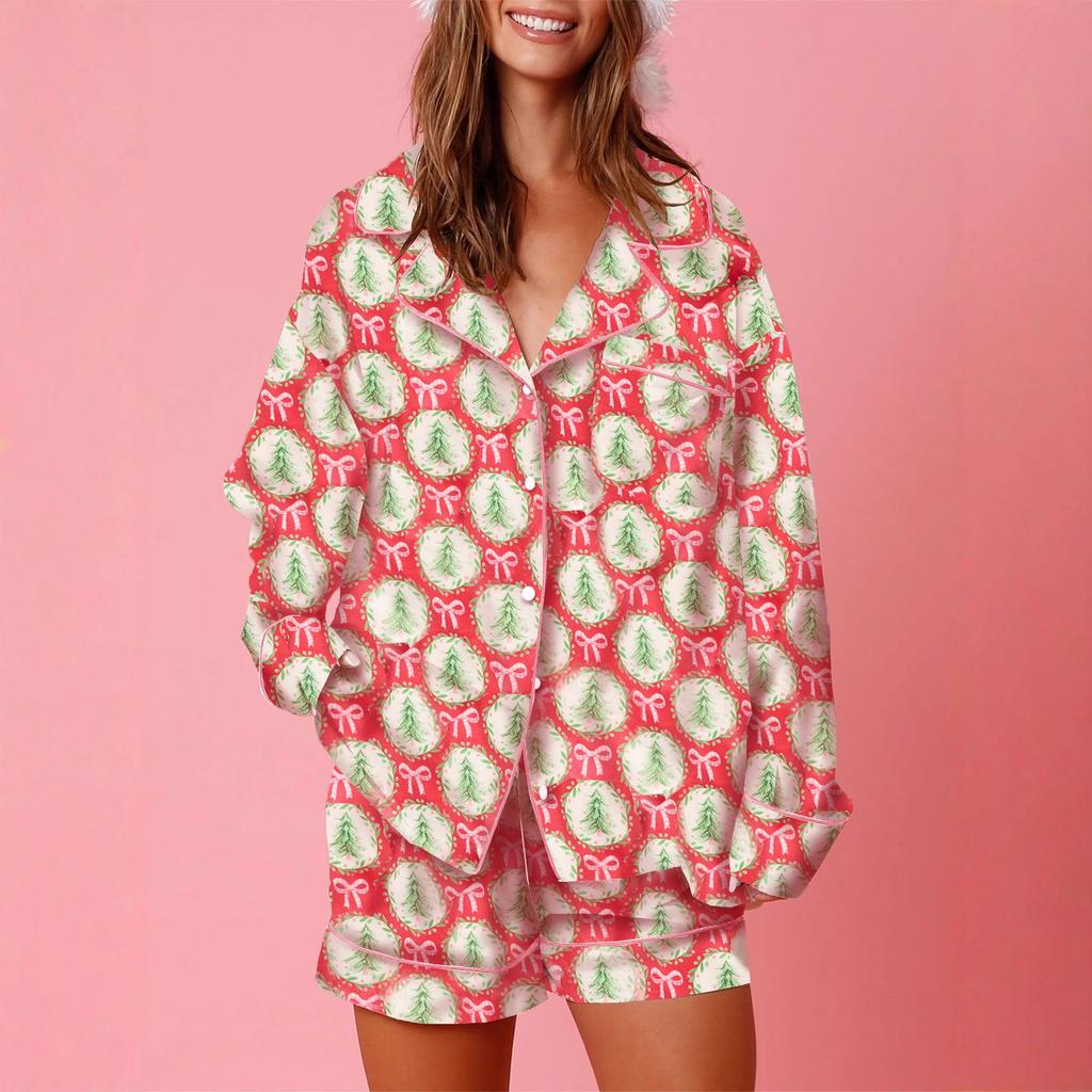 European and American Women's Clothing Autumn and Winter Christmas Long-sleeved Shirt Shorts Pajamas Set Women's Long Sleeves