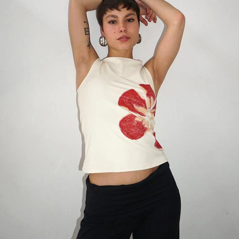 

2025 Новая Мода Женские Укороченные Майки В Облежку С Цветочным Принтом Вырез Лодочкой Без Рукавов Летние Топы для Вечеринки Клуба L белый