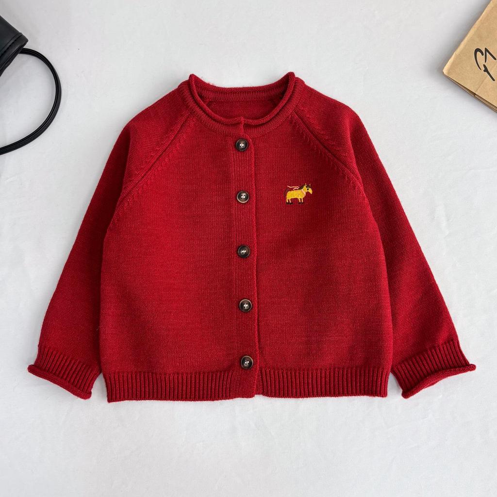 2025 Christmas Red Year of the Horse Unisex Kid's Knit Cardigan: Stylish Winter Outerwear