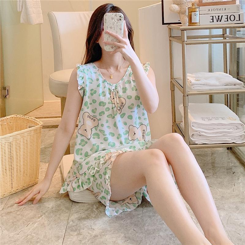 Pijamas de Algodão e Seda Feminino Fino Sexy Algodão Seda Regata Shorts Conjunto de Duas Peças Roupa de Dormir Verão