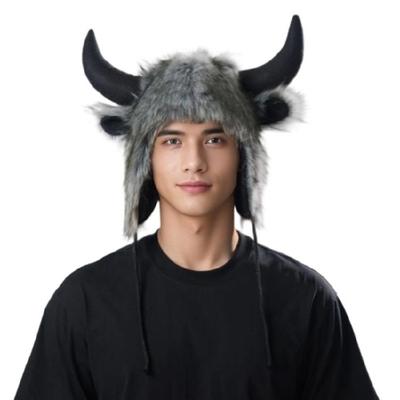 Animal Earflap Hat Cosplay Headwear Winter Warm Hat with Bull Horn For Women Teens Halloween Party Costume Accessories