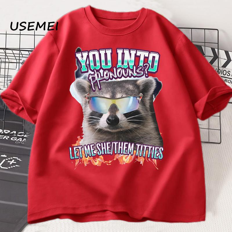 

You Into Pronouns T Shirt Men Women Funny Raccoon Tee Casual Cotton Short Sleeve Round Neck T-shirt Unisex Mens Clothes M