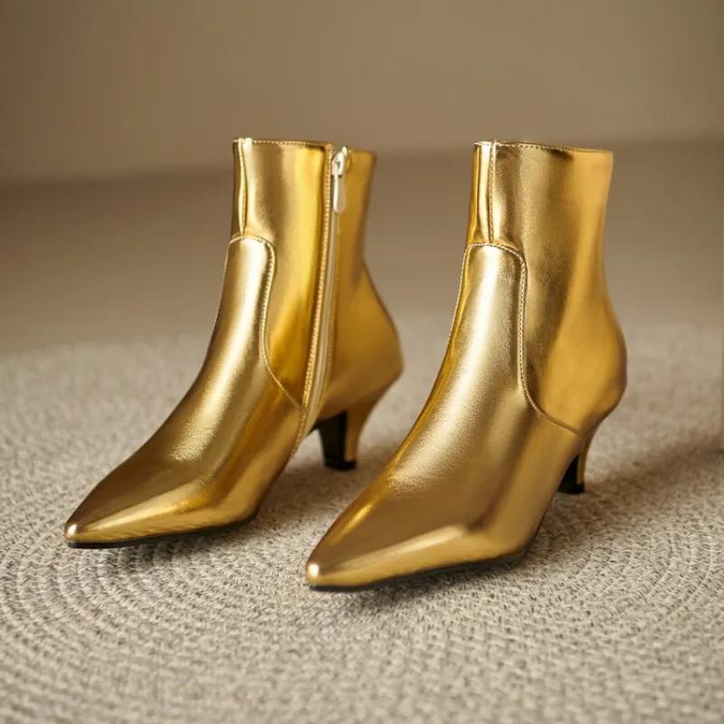 Fashion Gold Silver Zipper Pointed Women Short Boots Fashion New European American Winter Warm 5.5cm High Heels Ankle Boots Size 32-48