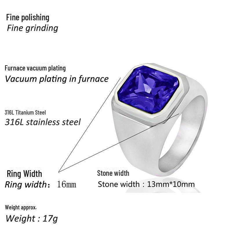 Titanium Steel Square Gem Ring - Red & Black Sapphire Punk Rock Design