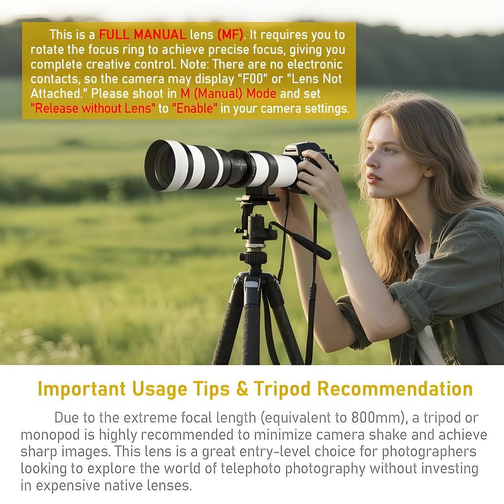 Super Telephoto Lens for Canon/Nikon/Sony - 420-800mm F/8.3-16 Long Focus Lens (Manual Zoom) for Manual Focus Dslr Cameras Lens