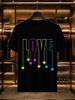 2026 New Arrival 100 Cotton Tshirt Rainbow Color Love Heart Pendant Line Print Light Blue Crew Neck Casual Short Sleeve