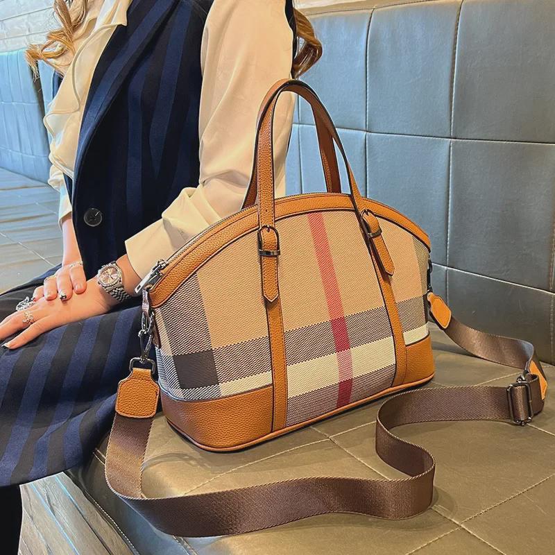 "2023 Women's Genuine Leather Plaid Shell Handbag - Versatile, Large Capacity, Shoulder & Messenger Bag"
