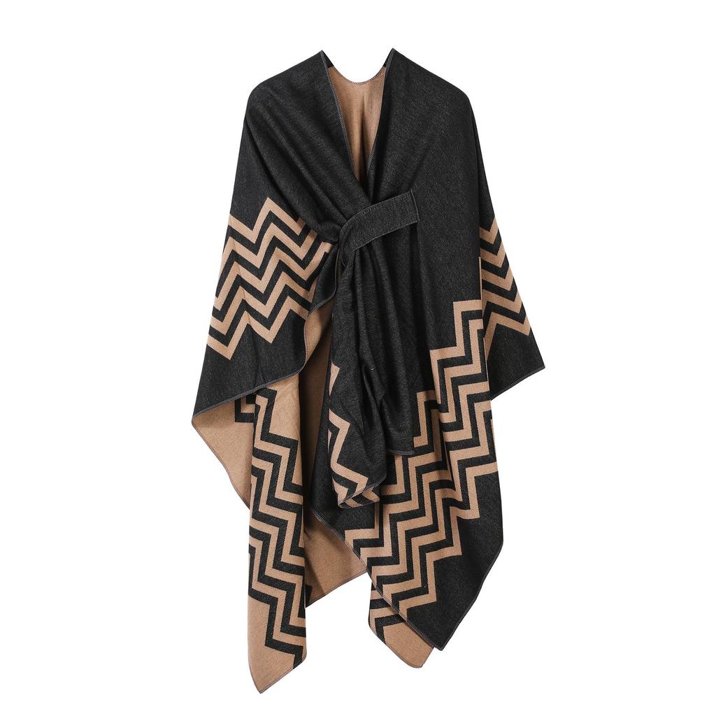 Women's European & American Double-Sided Solid Color Cape Shawl with Striped Edge