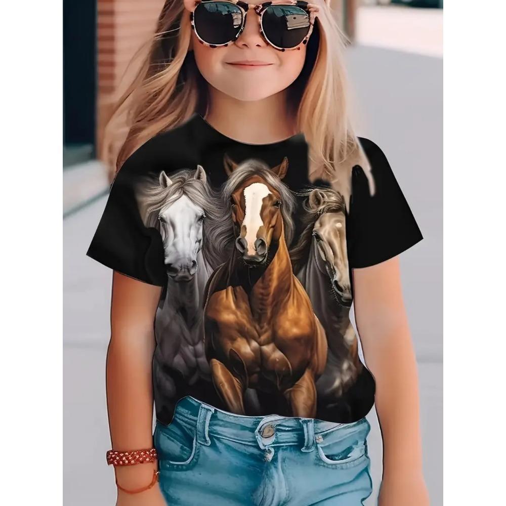 Girls' Clothing, Summer Horse 3D Printing, Outdoor Activities, Fashionable Round Neck Short Sleeved T-shirt, Girls' Quick Drying T-shirt