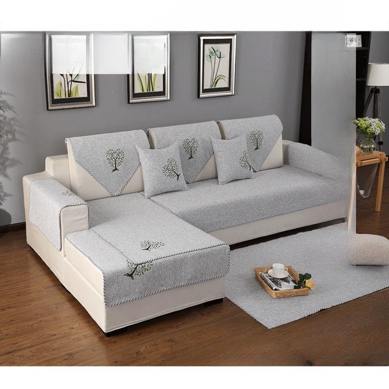 Four Seasons Non-Slip Embroidered Sofa Cushion Cotton Linen Fabric Living Room Universal Linen Thickened Modern Minimalist Solid Color Sofa Towel