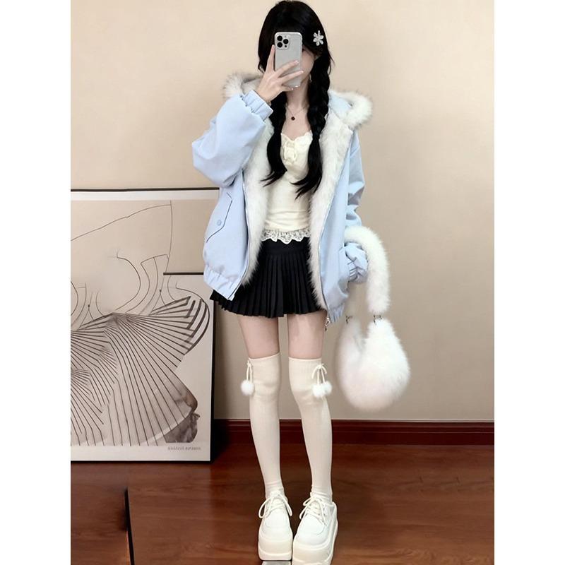 Cute girl blue cat ears fur collar hooded double-sided cotton clothes women's new loose warm coat in winter