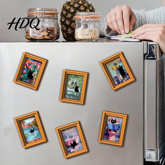 Kitchen Refrigerator Decor Oil Painting Cat Magnet Wooden Frame Black Accessories Theme Retro Rectangle Magnetic Decoration Photo Magnet