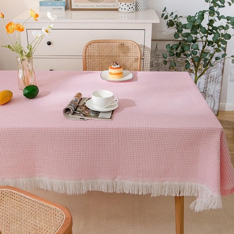 

Nordic Style White Cotton Linen Tablecloth with Handmade Tassel Lace Waffle Checkered Tablecloth Suitable for Home Banquet Party 90x90cm