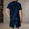 Men Plus Size Dark Blue Printed Round Neck Short Sleeve Top And Shorts Two Piece Set