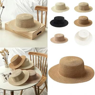 Handwoven Straw Beach Sun Hat Flat Top Sunscreen Hat Fashionable Panama Cap  Women Summer