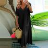 Women's Summer Fashion V-neck Solid Color Large Size Loose Long Large Swing Short-sleeved Dress