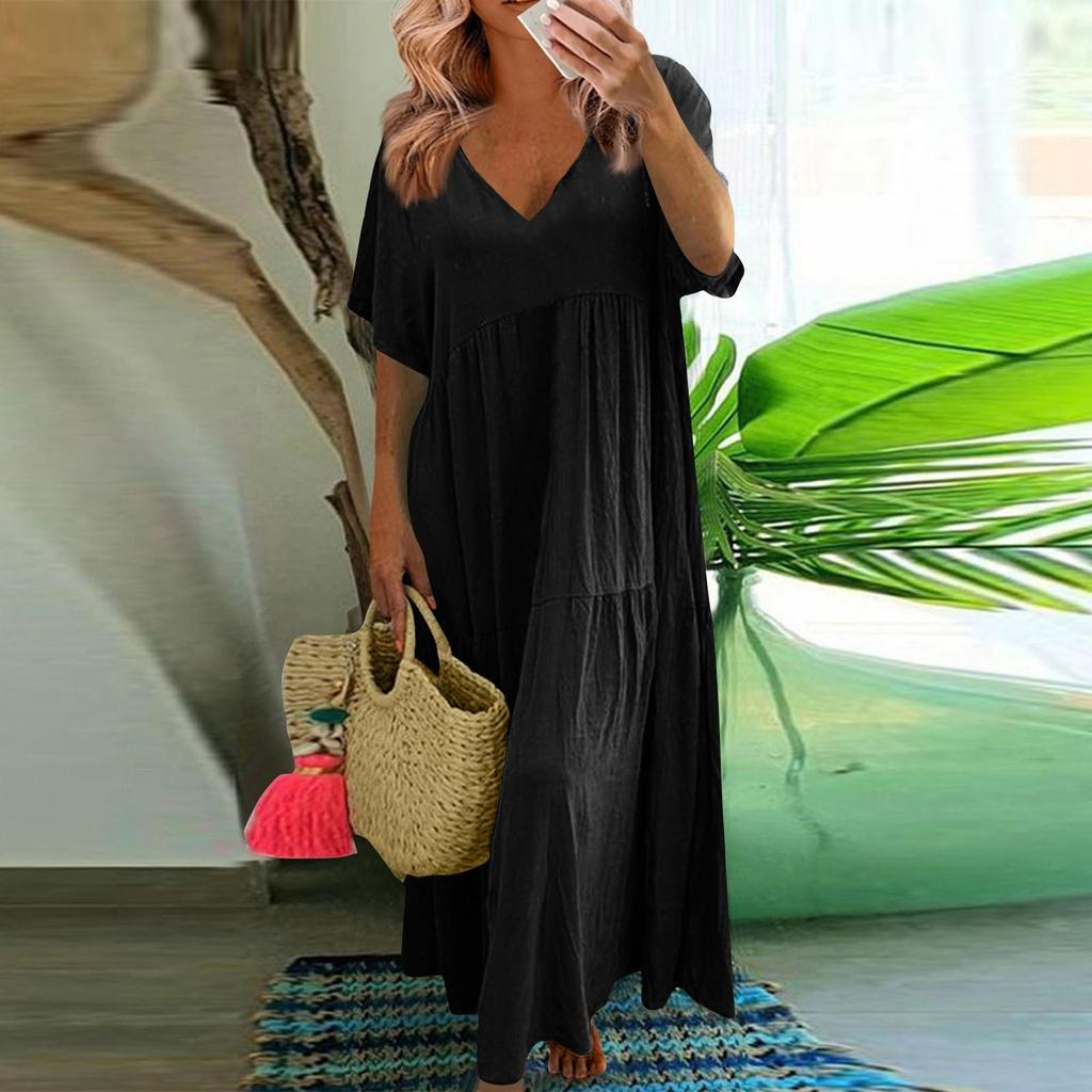 Women's Summer Fashion V-neck Solid Color Large Size Loose Long Large Swing Short-sleeved Dress