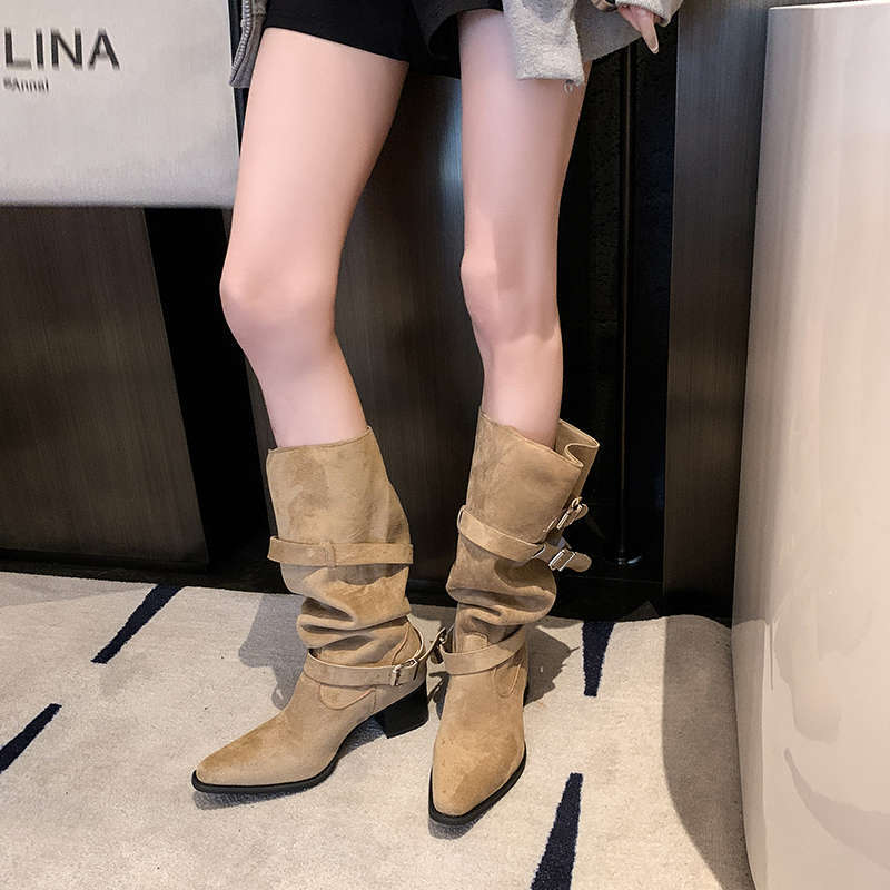 But knee boots women's spring and autumn khaki suede pointed boots children thick heel thin pleated piled boots