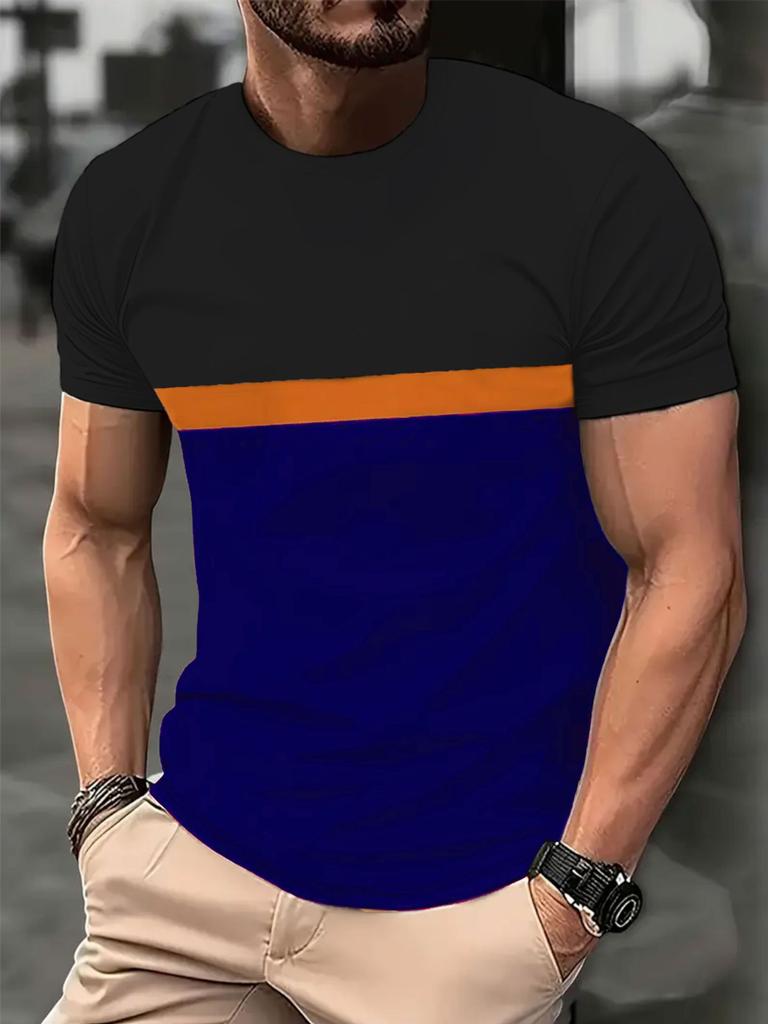 Men's Color Block Short Sleeve T-Shirt, Comfortable Casual Daily Must-Have