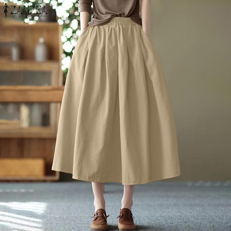 ZANZEA Gonne lunghe larghe larghe tinta unita in vita elastica casual da donna