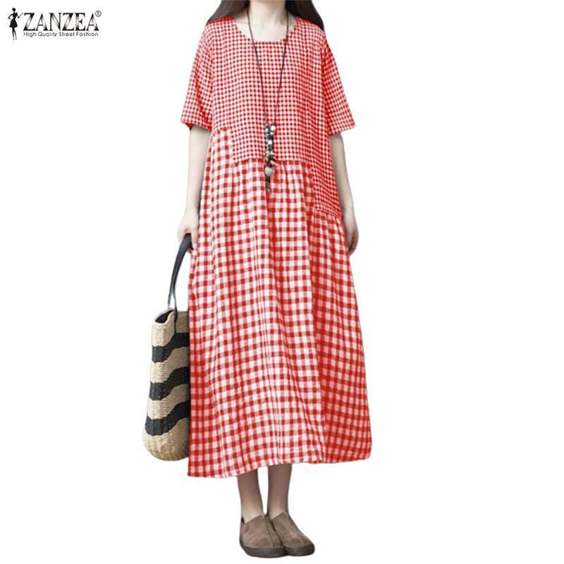 ZANZEA Women Plaid Print Summer Casual O-neck Half Sleeve Long Dress