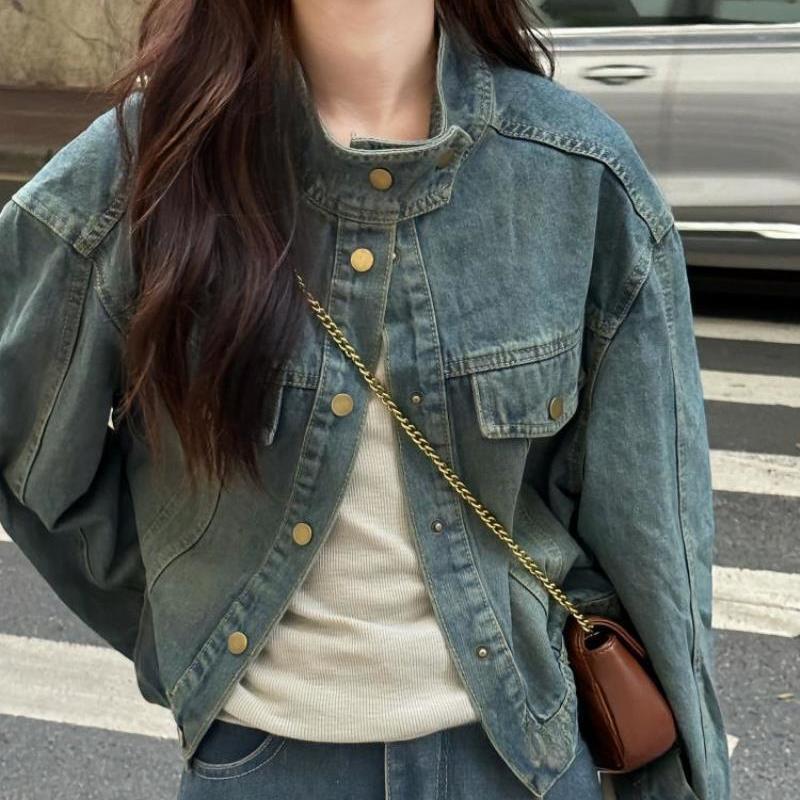 

Женская джинсовая куртка в стиле ретро со стойкой - Весна 2025, короткая, мотоциклетного стиля, милая, крутая, с корейским темпераментом, верхняя одежда M