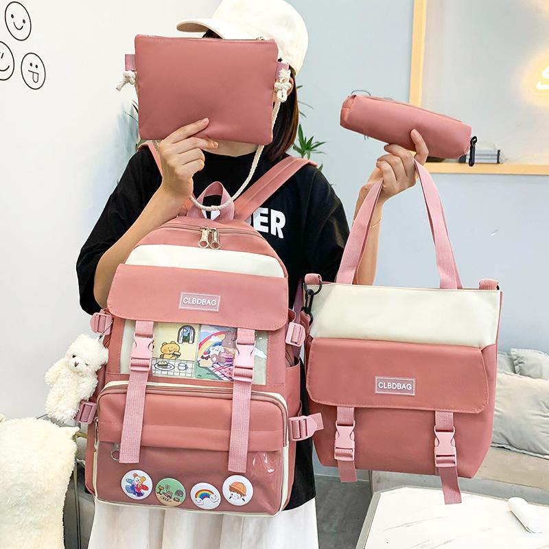 Canvas Backpack Women'S Tide Multi-Purpose Four-Piece Backpack Harajufeng Campus Junior High School Student Schoolbag