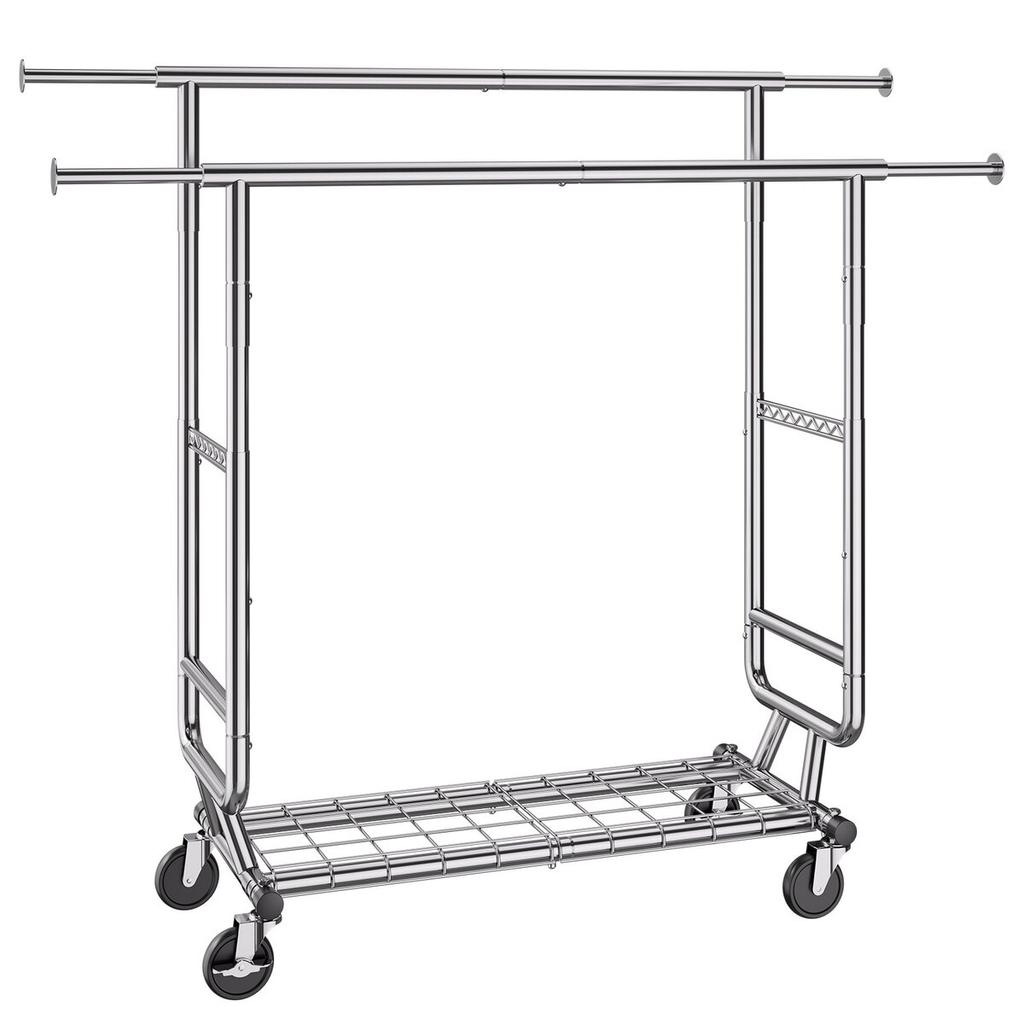 Heavy Duty Clothes Rack, Double Hanging Rod Clothing Garment Rack for Hanging Clothes, Adjustable Height and Extendable Length Clothing Rack with