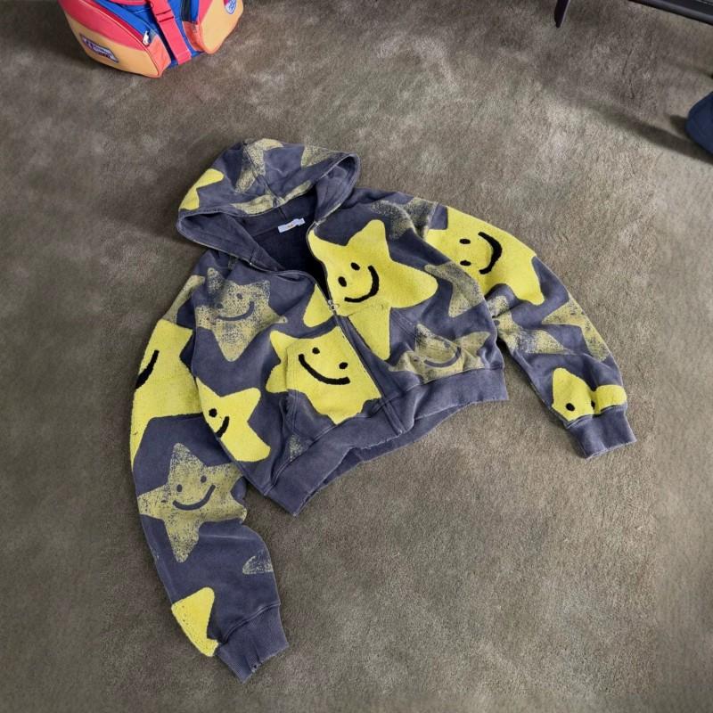 Unisex Streetwear Hooded Zip-Up Sweatshirt With Star Embroidery Casual Oversized Cotton Pullover Men Women