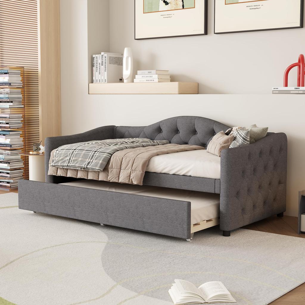 Schlafsofa Polsterbett 90 x 200 cm, Ausziehbares Bettsofa, mit ausziehbarem Bett, Leinen minimalistisches Styling Ohne Matratze