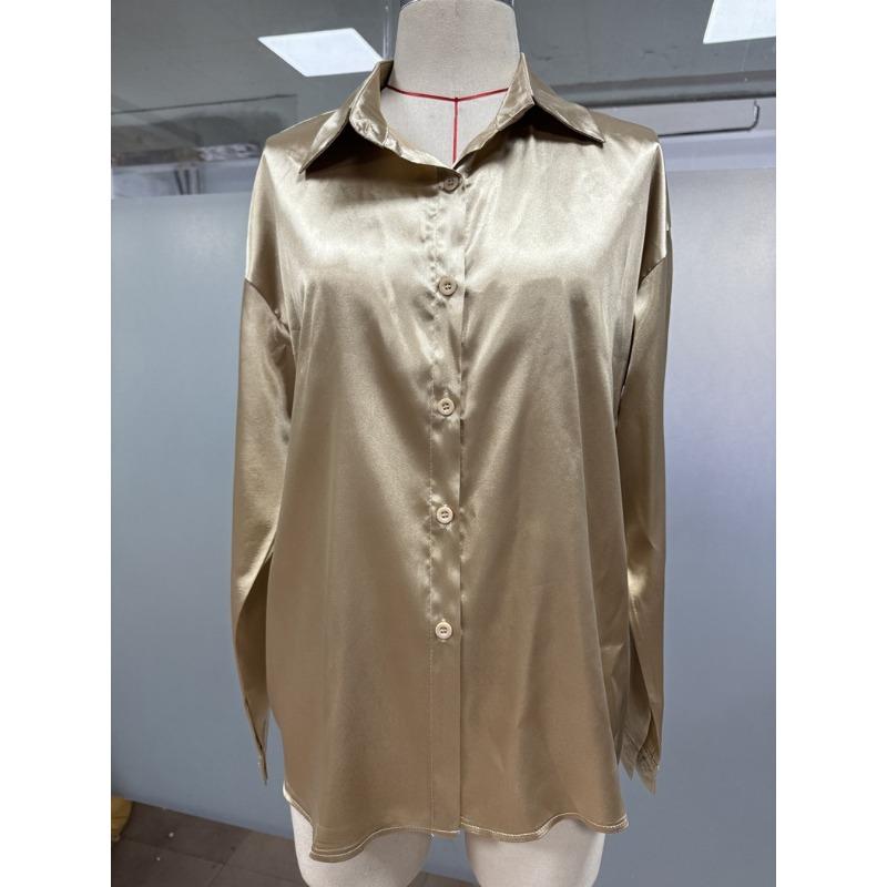 Spring Summer Satin Comfortable Casual Loose Long Sleeved Solid Color Lapel Shirt for Women Blouses & Shirts