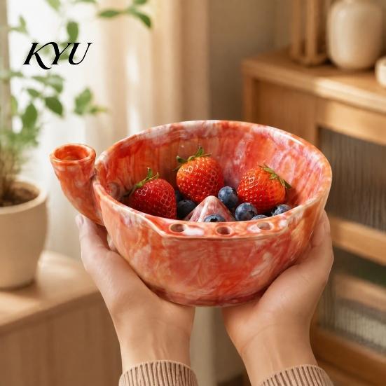 Obstwaschsieb mit Ablauf Keramik Beeren Schale, Selbstreinigendes Abflussloch Blaubeere und Erdbeere Dekorative Glasierte Schale für die Küche