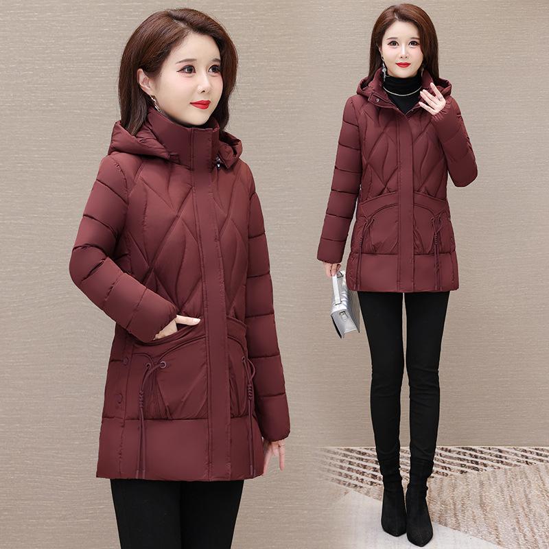 

Хлопковая одежда с капюшоном, новая хлопковая одежда для женщин, утолщенная теплая зимой, средней длины и длинные хлопковые куртки для женщин 2XL-105-60 kg бордовый