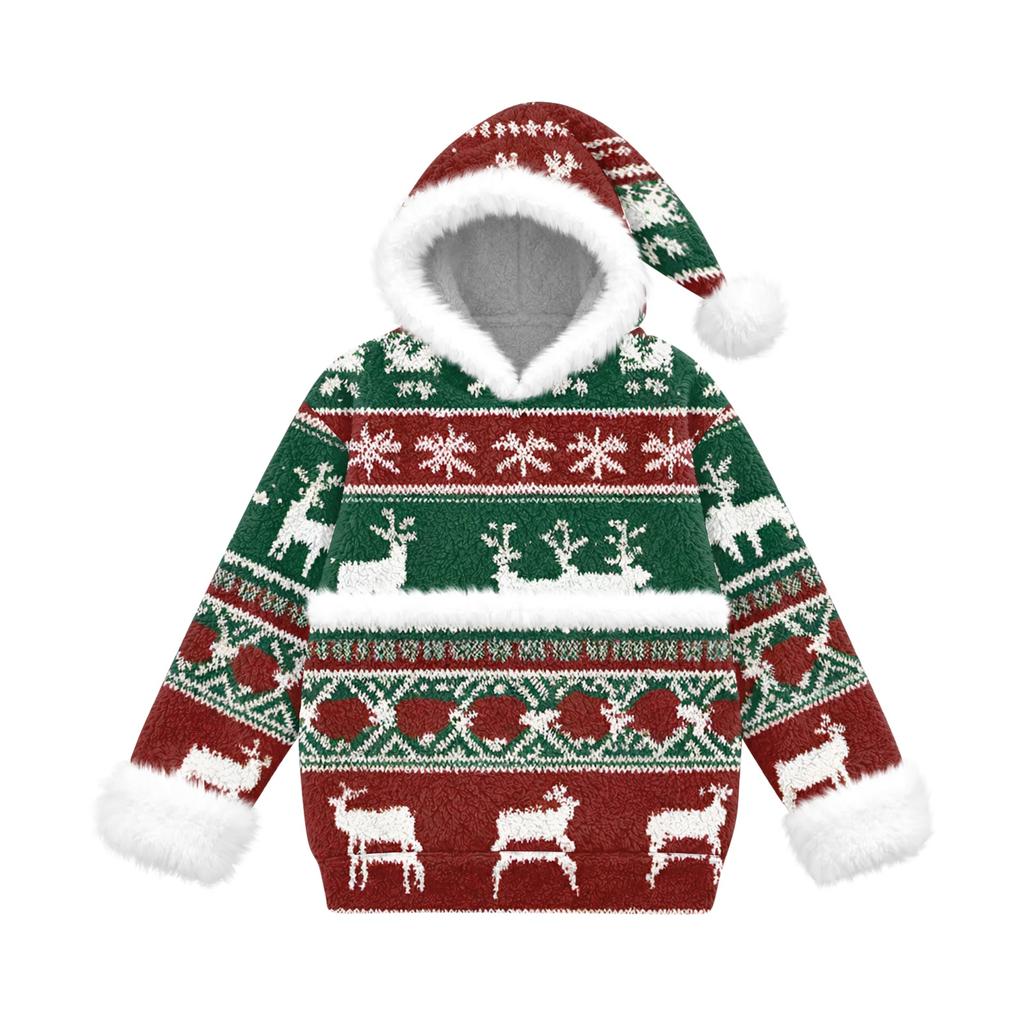 Kids Casual Christmas Holiday Print Hooded Top with Large Pet Pocket for Boys and Girls