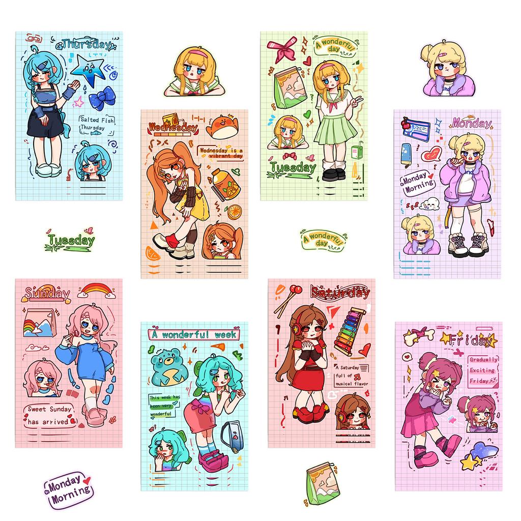 8 Kawaii Mädchen Collagen Bastel-DIY Dekorations-Handbuch Handyhülle Laptop Wasserdichte Aufkleber