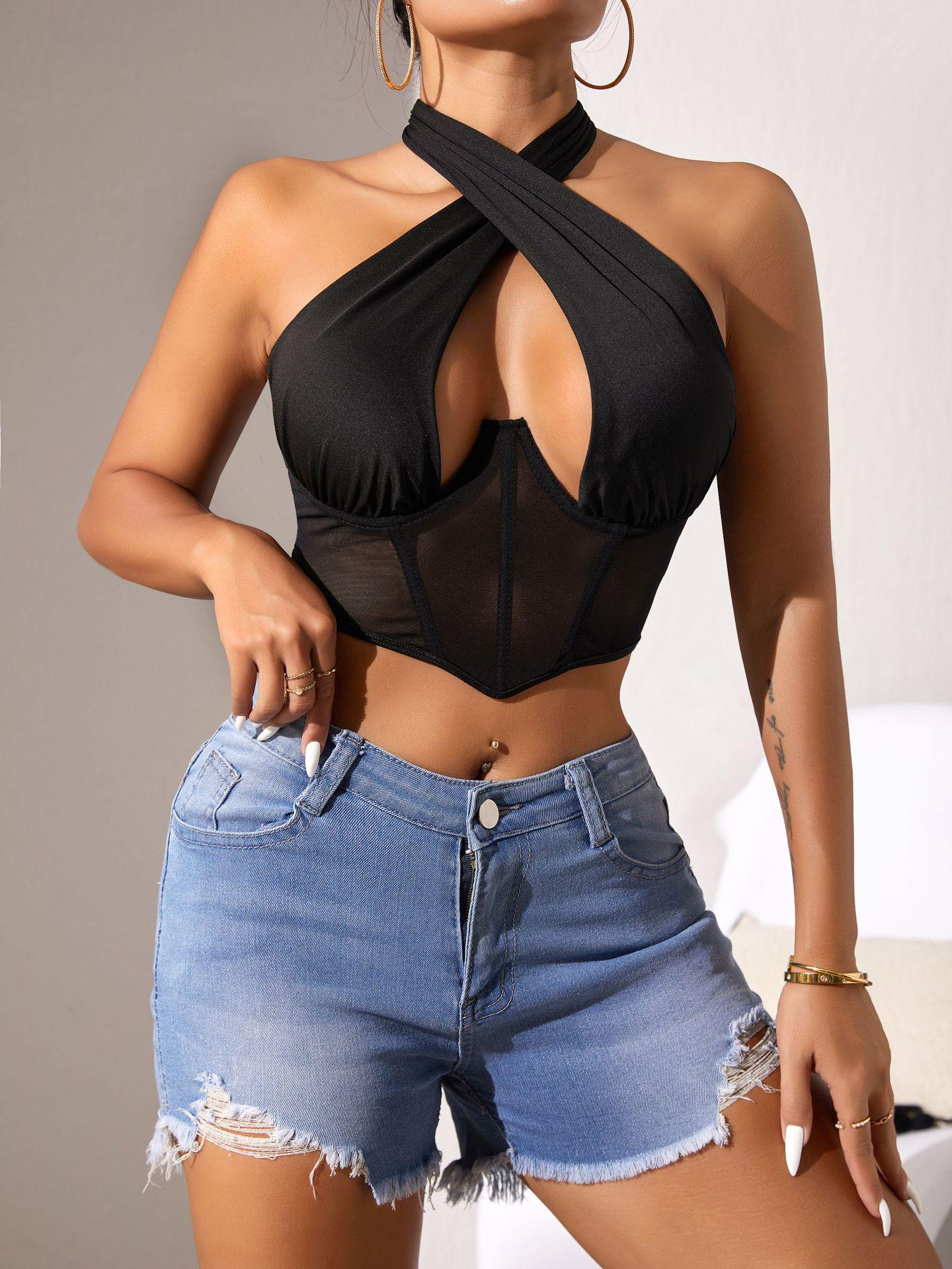 

Европейский и американский сетчатый лоскутный халтер-бра, корсет на косточках с перекрестным дизайном. M чёрный