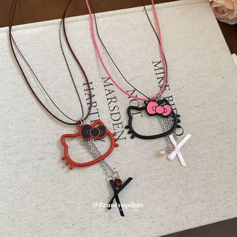 Wax Rope Bow Kitten Pendant Necklace Sweet Versatile Collarbone Chain Simple Fashion High Sense Jewelry Women