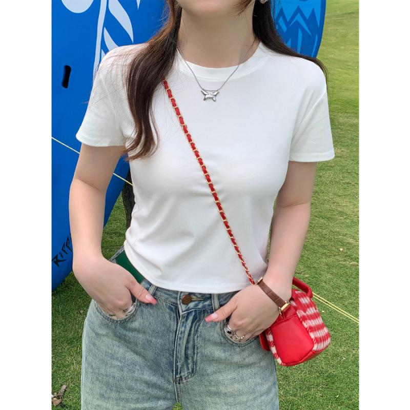 High Quality T-Shirt Women s Short Sleeve Summer Crew Neck Basic Versatile Front Shoulder Sweet Top S