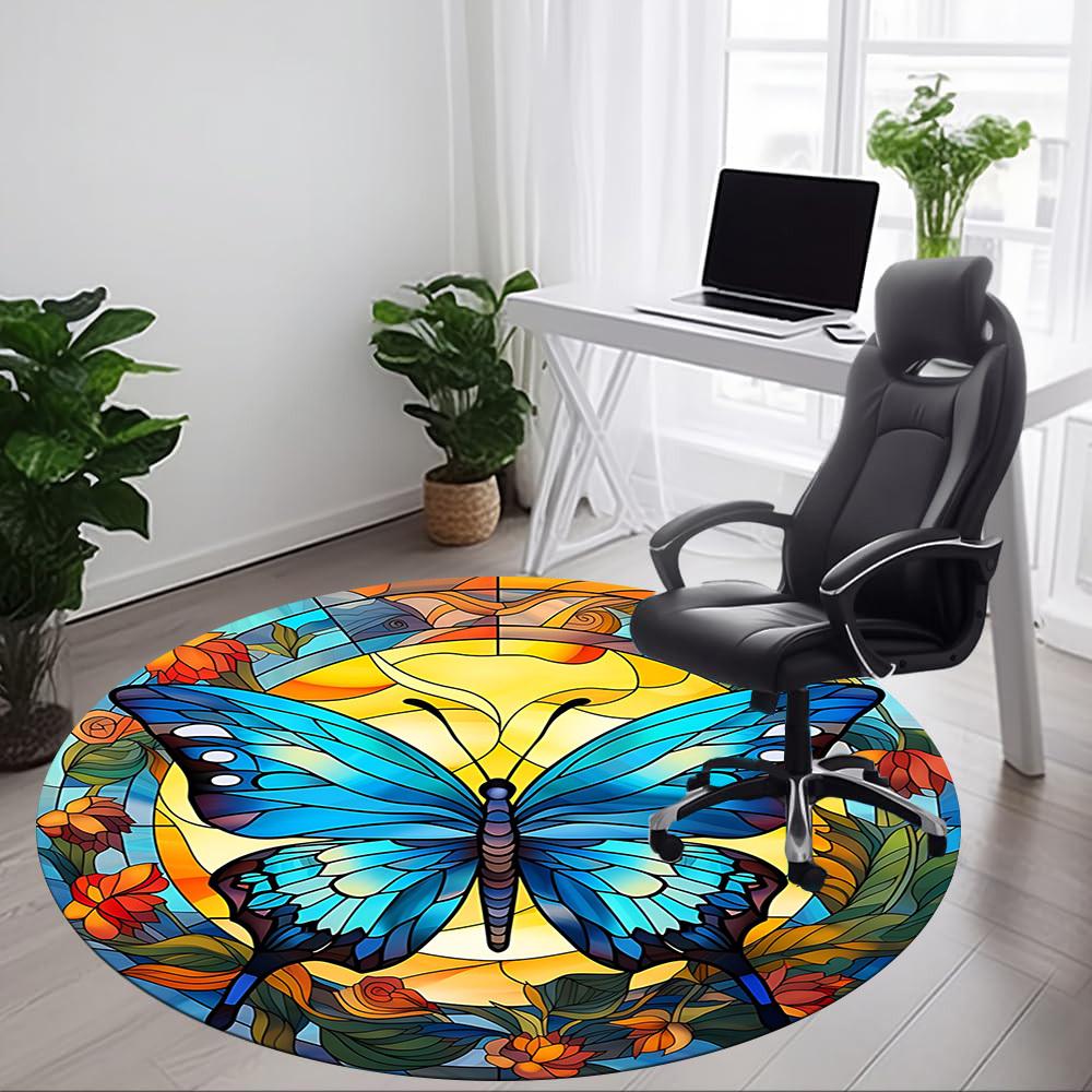 1pc Butterfly StainedGlass Office Round Area Rug, Under Office Chairs Bedroom Living Room Home Decor, Room Deco