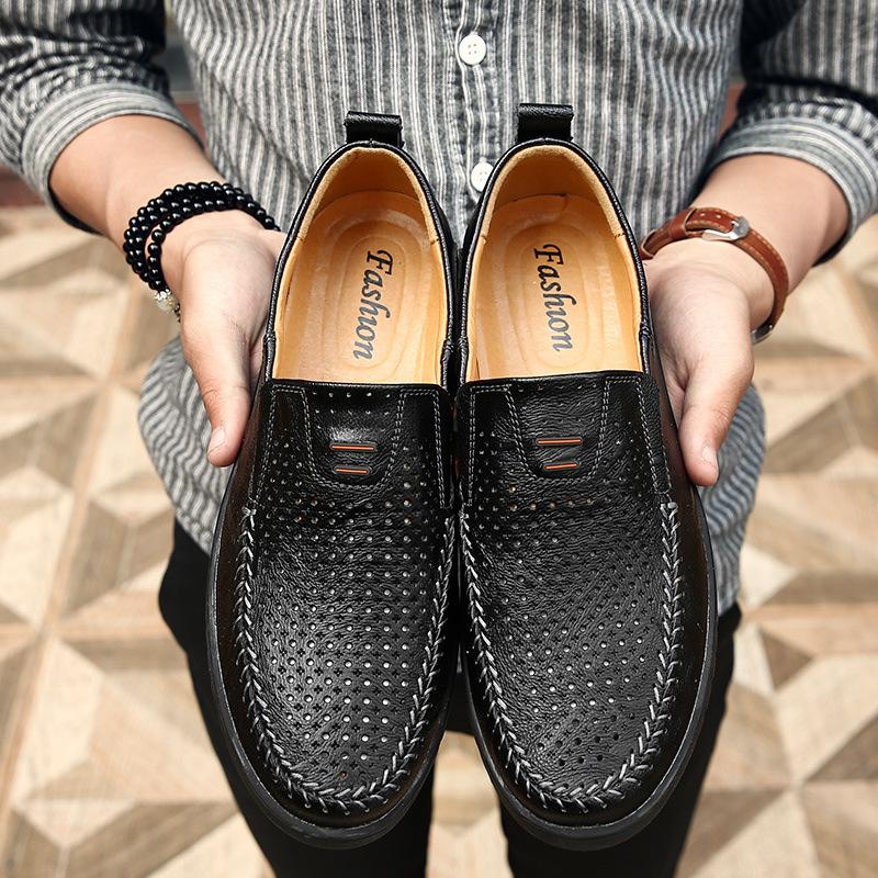 Hollow Out Bean Shoes Men's Breathable Casual Leather Shoes, Hand Punched Oversized Men's Shoes Trend