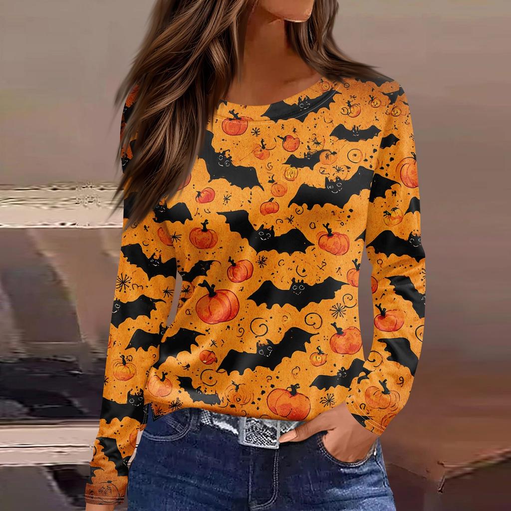 Damenmode Saumschlitz Lässig Halloween-Print Rundhals Langarm Oberteil