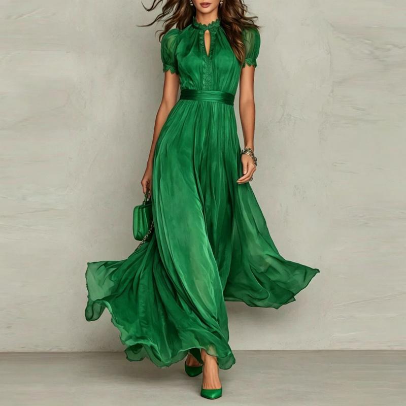 Women's Summer Chiffon Dress Printed Short Sleeve V Neck Flowy Maxi Dress Loose Layered Ruffle Lace-Up Long Dress